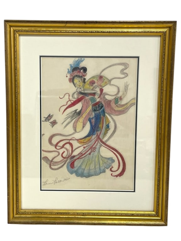 FRAMED DRAWING DEPICTING AN ELEGANT ASIAN DANCER: FRAMED DRAWING DEPICTING AN ELEGANT ASIAN DANCER 18"_x005F -VERY GOOD PRE OWNED CONDITION_x005F -APPROX 14" X 1" X 18"_x005F -AN ELEGANT ASIAN DANCER IN FLOWING ROBES WITH VIBRANT COLORS OF RED, BLUE,