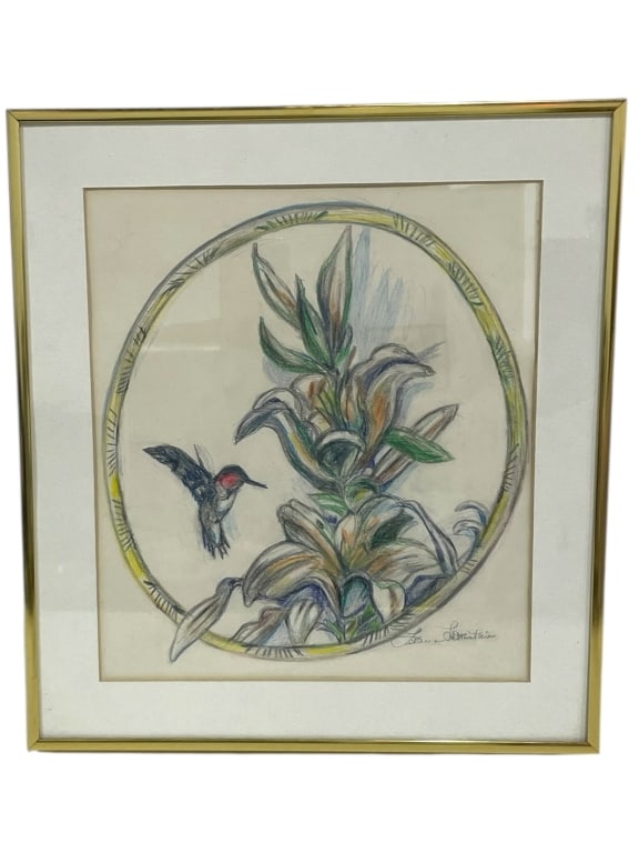 FRAMED DRAWING OF A HUMMINGBIRD IN FLIGHT 14.5": FRAMED DRAWING DEPICTING A HUMMINGBIRD IN FLIGHT 14.5"_x005F -VERY GOOD PRE OWNED CONDITION_x005F -APPROX 13" X 1" X 14.5"_x005F -DRAWING DEPICTING A HUMMINGBIRD IN FLIGHT APPROACHING A SPRAY OF LILIE