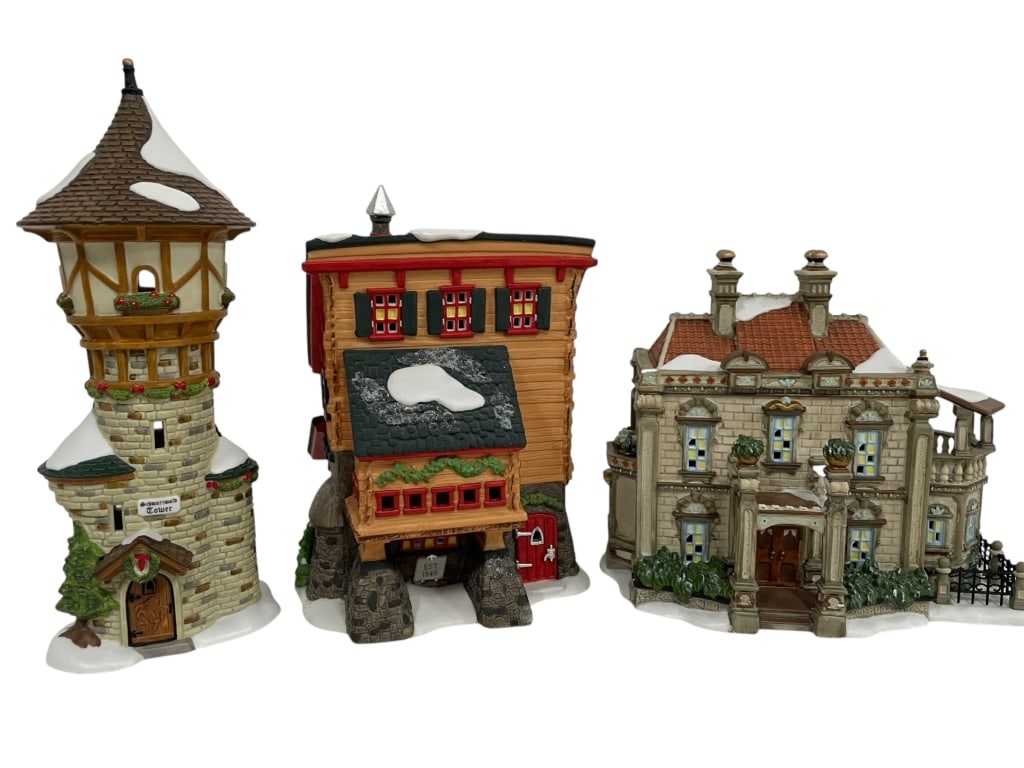 THREE DEPARTMENT 56 HOLIDAY VILLAGE BUILDINGS: THREE DEPARTMENT 56 HOLIDAY VILLAGE BUILDINGS | HAND-PAINTED CERAMIC AND FEATURE SNOW-COVERED ROOFS AND HOLIDAY DECOR. THE LOT INCLUDES A TALL, STONE "TREETOP TOWER" FROM THE ALPINE VILLAGE SERIES; "E