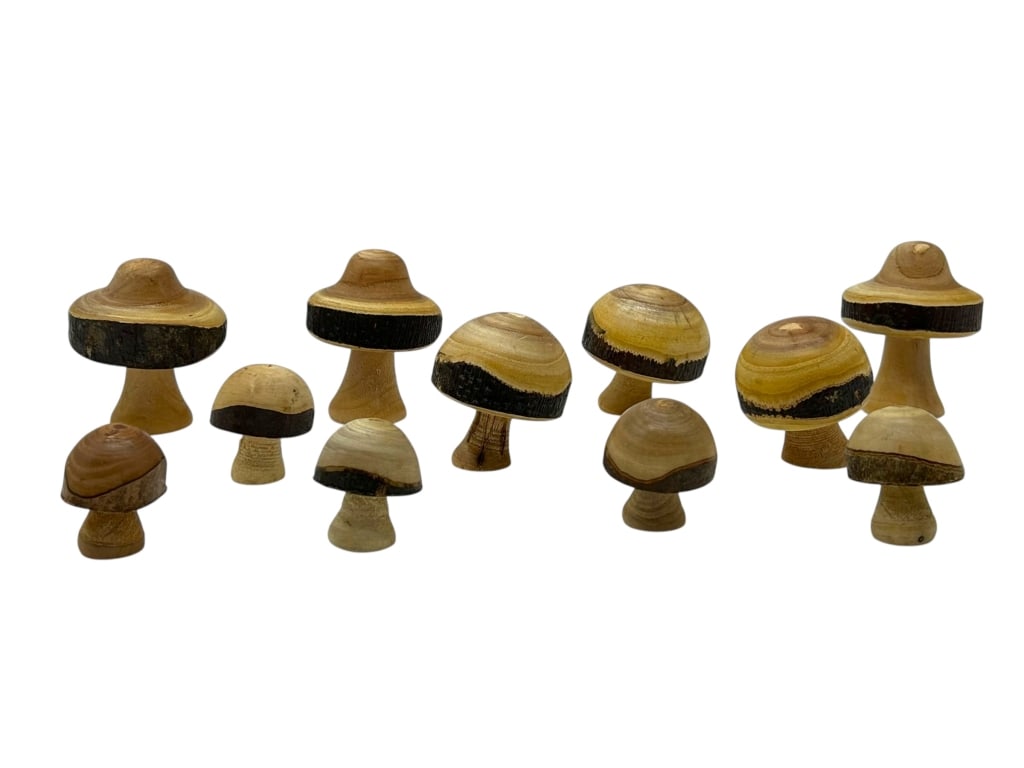 SET OF 11 HANDCRAFTED WOODEN MUSHROOM FIGURINES: SET OF 11 HANDCRAFTED WOODEN MUSHROOM FIGURINES IN ASSORTED SIZES AND SHAPES. EACH PIECE FEATURES NATURAL WOOD GRAIN, BARK EDGING, AND A SMOOTH FINISH, SHOWCASING RUSTIC CHARM AND ARTISAN CRAFTSMANSHI