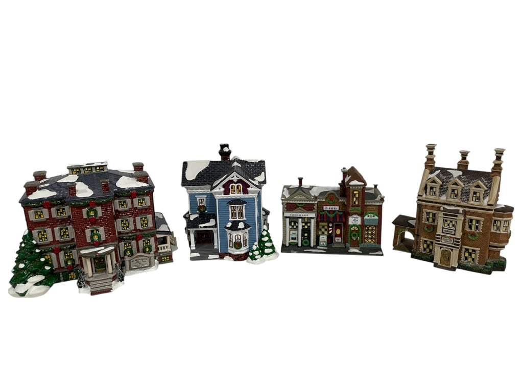 4 DEPARTMENT 56 VILLAGE HOUSES: SET OF 4 DEPARTMENT 56 VILLAGE HOUSES INCLUDING SNOW VILLAGE AND DICKENS VILLAGE SERIES. THIS DELIGHTFUL GROUP INCLUDES “OLD CHELSEA MANSION” (1997), “GLENHAVEN HOUSE” (1994), “RIVER
