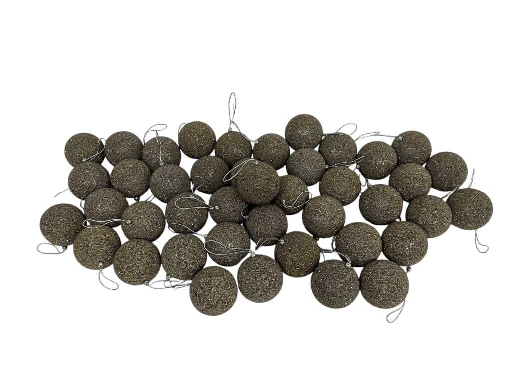 LOT OF GLITTERING BEADED CHRISTMAS ORNAMENT BALLS: LOT OF 42 GLITTERING BEADED CHRISTMAS ORNAMENT BALL—FEATURING A RICHLY TEXTURED SURFACE MADE OF TINY GOLD AND IRIDESCENT SILVER BEADS, CATCHING AND REFLECTING LIGHT BEAUTIFULLY. PERFECT FOR ADDING E