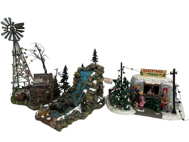 A LOT OF THREE HOLIDAY VILLAGE ACCESSORY PIECES