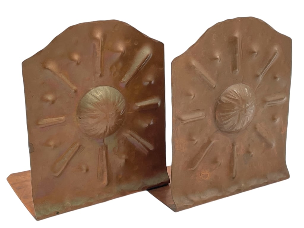 PAIR OF HAND WROUGHT COPPER SUNBURST BOOKENDS (1 of 6)