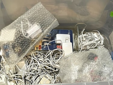 BIN OF WHITE ELECTRICAL CORDS & ACCESSORIES