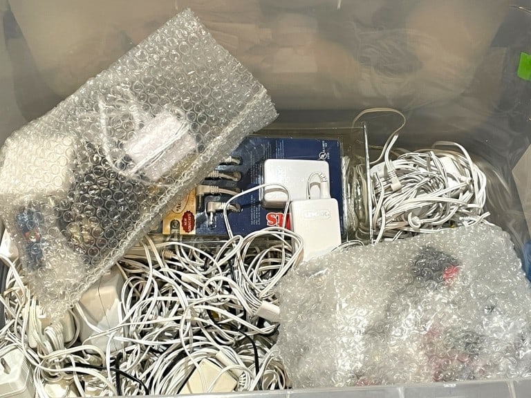 BIN OF WHITE ELECTRICAL CORDS & ACCESSORIES (1 of 3)