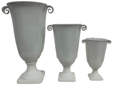 SET OF THREE WHITE CERAMIC TROPHY VASES 23"
