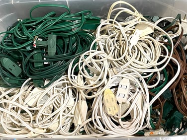 BIN OF HOLIDAY EXTENSION CORDS & OUTLET SPLITTERS
