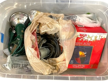 BIN OF VINTAGE AND MODERN HOLIDAY ELECTRICAL DECOR