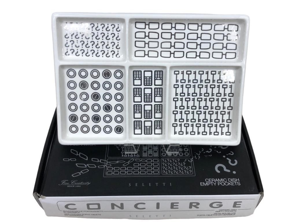 SELETTI CERAMIC "EMPTY POCKETS" DISH IN BOX: NEW IN BOX SELETTI CERAMIC "EMPTY POCKETS" DISH - "SALEB" SILVER/WHITE DESIGN - EACH POCKET LABELED WITH ICONS -NEW UNUSED CONDITION -DP61825 