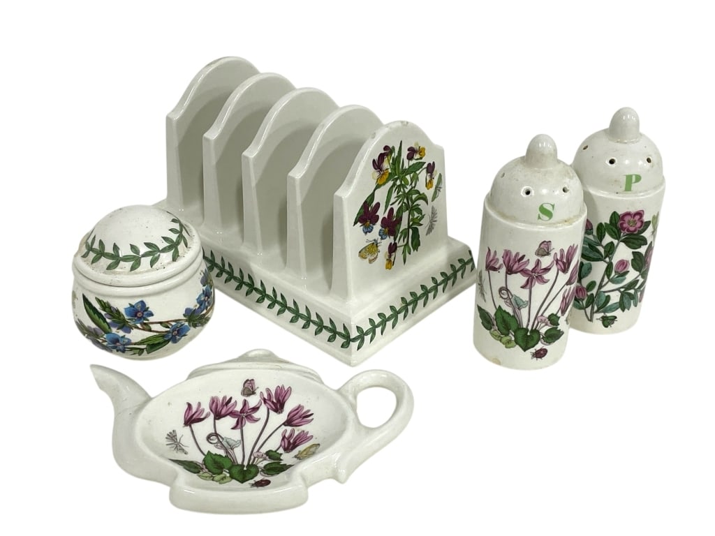 PORTMEIRION BOTANIC GARDEN TOAST RACK & MORE: PORTMEIRION BOTANIC GARDEN TOAST RACK, SALT AND PEPPER SHAKERS, TEA BAG HOLDER, AND CONTAINER W/ LID_x005F -GOOD PRE OWNED CONDITION, SOME CHIPS/CRACKS (SEE PHOTOS)_x005F -INCLUDES 5 PIECES_x005F -JA 