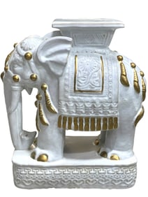 LARGE CERAMIC WHITE & GOLD ELEPHANT GARDEN SEAT