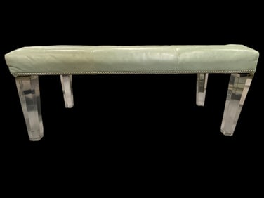 GREEN LEATHER UPHOLSTERED BENCH WITH LUCITE LEGS
