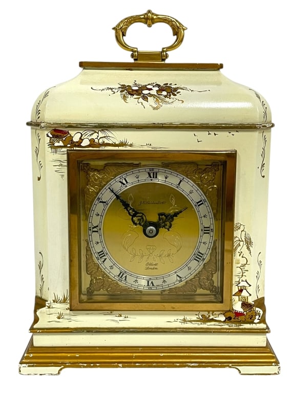 ELLIOTT LONDON MANTEL CLOCK 9.5": ELLIOTT LONDON MANTEL CLOCK W/ CHINOISERIE STYLE DECORATION -VERY GOOD PRE OWNED CONDITION, UNTESTED -APPROX 6.5"L X 2.5"W X 9.5"H -FEATURES A CREAM ENAMELED CASE WITH HAND-PAINTED FLORAL AND PAGODA M