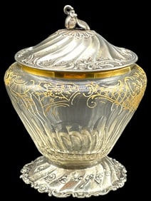 ANTIQUE GLASS JAR WITH 800 STAMP SILVER LID & BASE