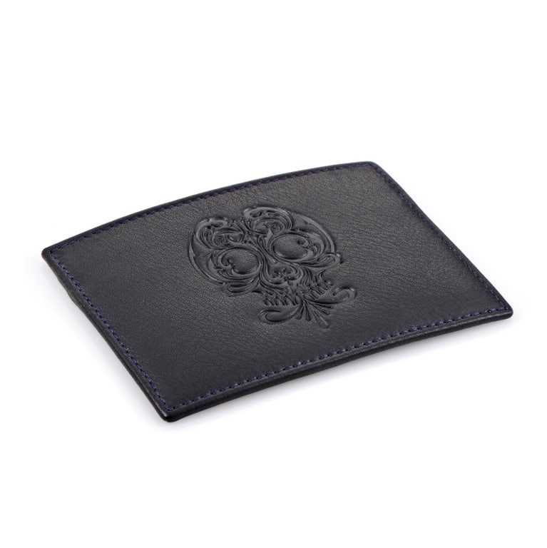 STEPHEN WEBSTER CALFSKIN LEATHER CARDHOLDER.: STEPHEN WEBSTER CALFSKIN LEATHER CARDHOLDERPractical and elegant, this Stephen Webster card holder is crafted of black calfskin leather and features striking violet stitching with an imprinted detail