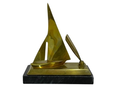 BRASS SAILBOAT SCULPTURE WITH PEN HOLDER ON MARBLE