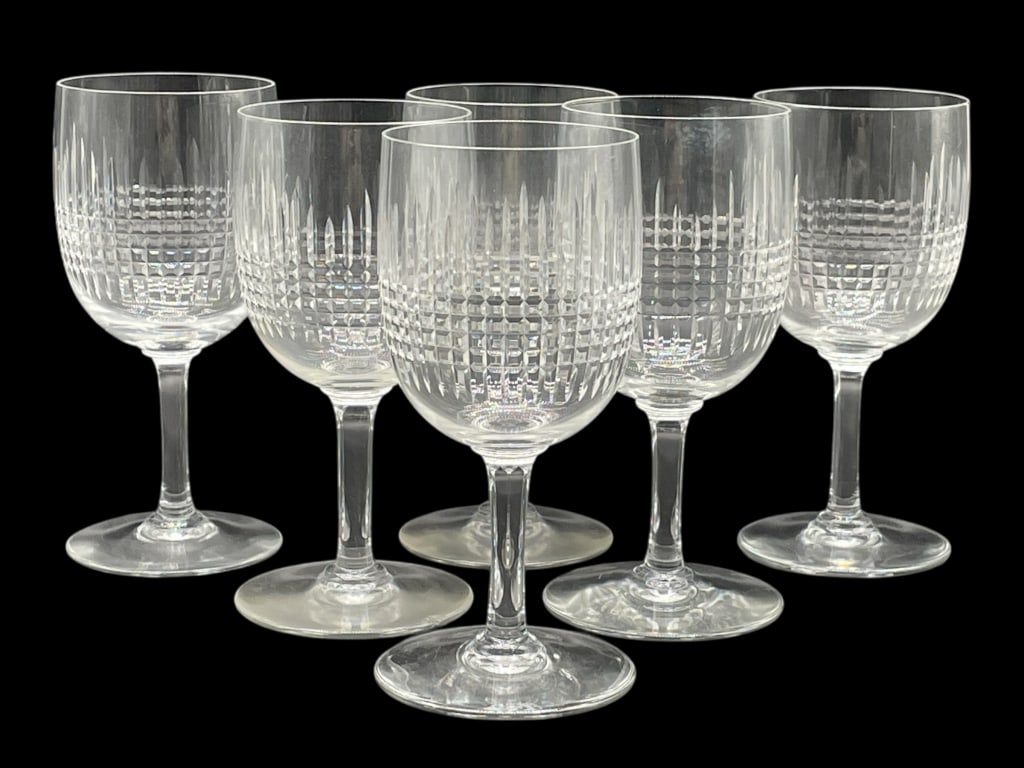 6 BACCARAT NANCY CRYSTAL WINE GLASSES 6": 6 BACCARAT NANCY CRYSTAL WINE GLASSES 6" -GOOD PRE OWNED CONDITION, ONE GLASS HAS A CHIP NEAR THE BASE (SEE PHOTOS) -6 GLASSES -APPROX 6" X 2.5" -FEATURING A GEOMETRIC CROSSHATCH AND VERTICAL LINE PAT
