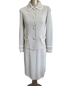 ST. JOHN KNIT SKIRT SUIT PALE GREY W/ WHITE TRIM