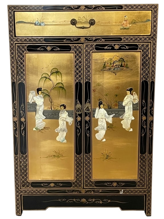 ASIAN BLACK LACQUER & GILT CABINET 36" (1 of 8)