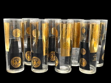 8 MID-CENTURY COIN MOTIF GLASSES 7"