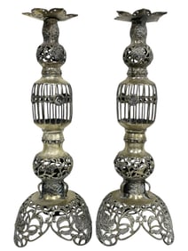 VINTAGE ORNATE SILVERED METAL CANDLESTICKS 22"