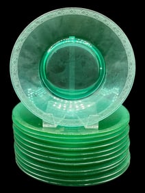 12 GREEN URANIUM GLASS PLATES W ETCHED BORDER 8"
