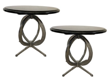 MODERN ROUND CHROME SIDE TABLES W BLACK STONE TOP
