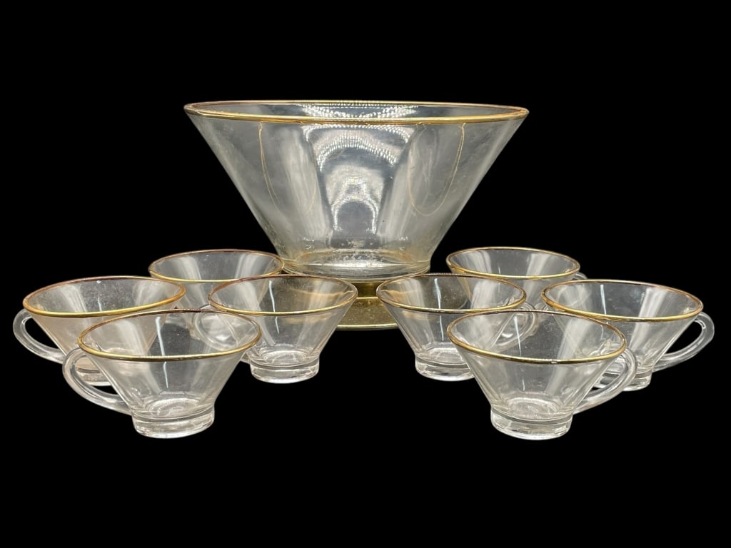 MID CENTURY MODERN GLASS PUNCH BOWL W/ 8 CUPS (1 of 9)