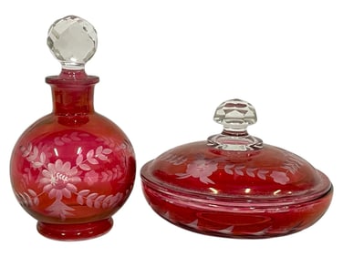 PAIR OF RUBY RED GLASS VANITY SET