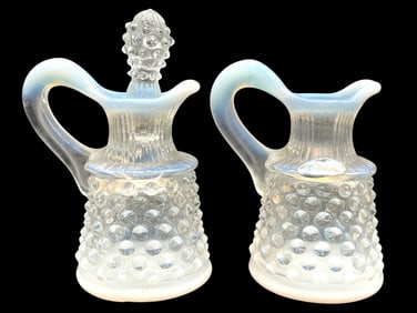 2 FENTON OPALESCENT HOBNAIL GLASS CRUETS 4"