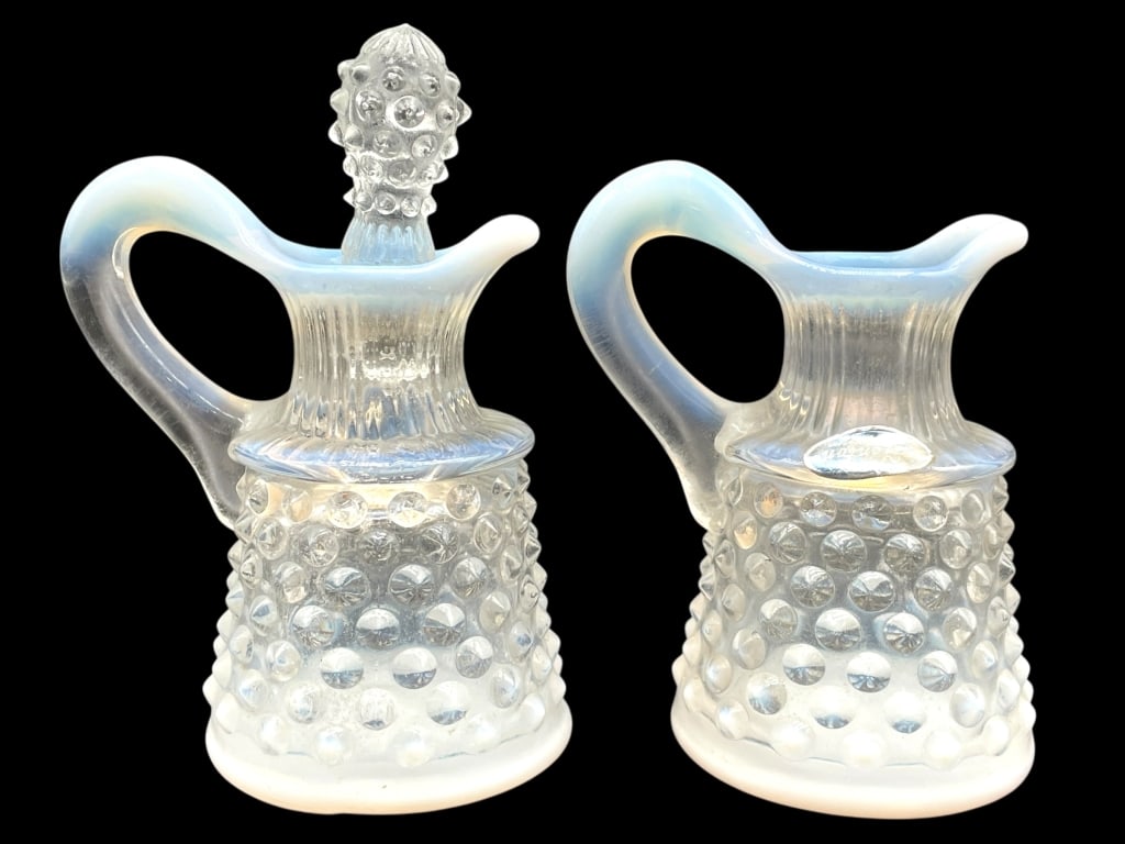 2 FENTON OPALESCENT HOBNAIL GLASS CRUETS 4" (1 of 7)
