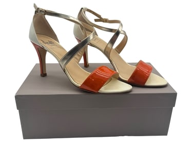 AMALFY LEATHER ORANGE AND GOLD SANDALS SZ 7