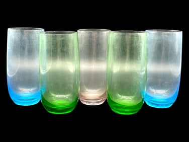 FIVE MID-CENTURY MODERN COLORED GLASSES 6"