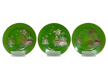 3 CERAMIC ASIAN-INSPIRED DECORATIVE PLATES 7"