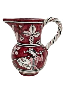 HAND-PAINTED CERAMIC PITCHER W TWISTED HANDLE 8"