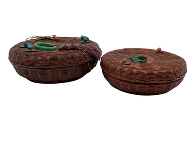 PAIR OF CHINESE WICKER SEWING BASKETS