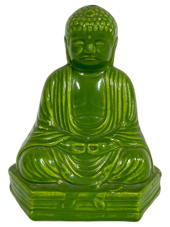 GREEN GLAZED WOODEN BUDDHA FIGURINE 4": GREEN GLAZED WOODEN BUDDHA FIGURINE 4" -VERY GOOD PRE OWNED CONDITION -APPROX 4"H X 3.5"W -THIS STRIKING PIECE FEATURES A SEATED BUDDHA IN MEDITATION POSE WITH DETAILED ROBES AND A PEACEFUL EXPRESSION