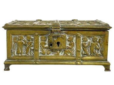 SMALL BRASS CHEST W FIGURAL RELIEF DECORATION 5"