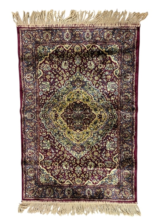 ASIAN SILK RUG WITH RICH BURGUNDY FIELD 39"X23" (1 of 4)