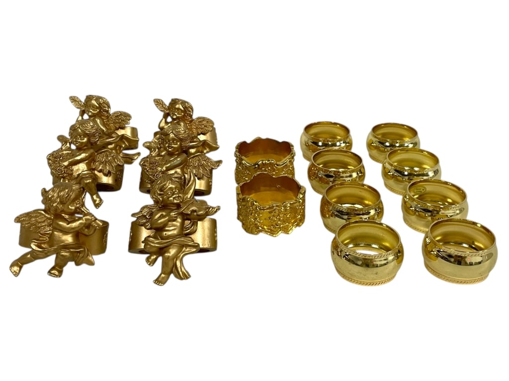 COLLECTION OF VINTAGE GOLD-TONE NAPKIN RINGS: COLLECTION OF VINTAGE GOLD-TONE NAPKIN RINGS_x005F -VERY GOOD PRE OWNED CONDITION_x005F -16 ASSORTED GOLD TONE NAPKIN RINGS_x005F -LOT INCLUDES 6 ORNATE CHERUB MOTIF NAPKIN RINGS WITH FIGURAL ANGELS P