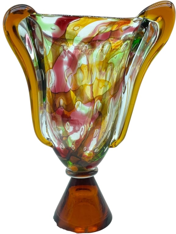 MURANO STYLE ART GLASS VASE: MURANO STYLE ART GLASS VASE | A STRIKING MURANO-STYLE ART GLASS VASE SHOWCASING A VIBRANT MIX OF COLORS WITH ABSTRACT, PAINTERLY SWIRLS OF RED, GREEN, AMBER, AND GOLD. THE VASE IS CRAFTED WITH A BOLD 