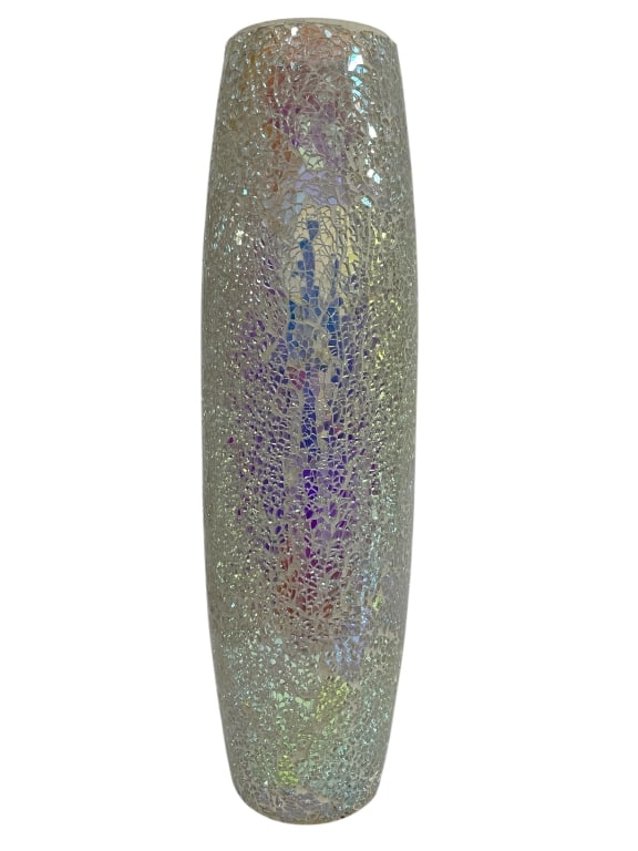 TALL IRIDESCENT MOSAIC GLASS VASE 20": TALL IRIDESCENT MOSAIC GLASS VASE 20" -VERY GOOD PRE OWNED CONDITION -APPROX 20" X 6" -A STRIKING DECORATIVE VASE WITH AN ALL-OVER MOSAIC PATTERN THAT REFLECTS LIGHT IN BEAUTIFUL SHADES OF SILVER, PUR