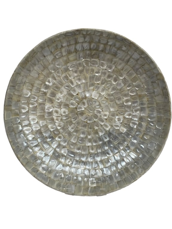 LARGE MOTHER OF PEARL MOSAIC DECORATIVE BOWL 16": LARGE ROUND MOTHER OF PEARL MOSAIC DECORATIVE BOWL – MEASURING APPROXIMATELY 16" IN DIAMETER AND 4.5" HIGH, THIS STRIKING HANDCRAFTED CENTERPIECE BOWL FEATURES A STUNNING IRIDESCENT MOTHER OF PEARL