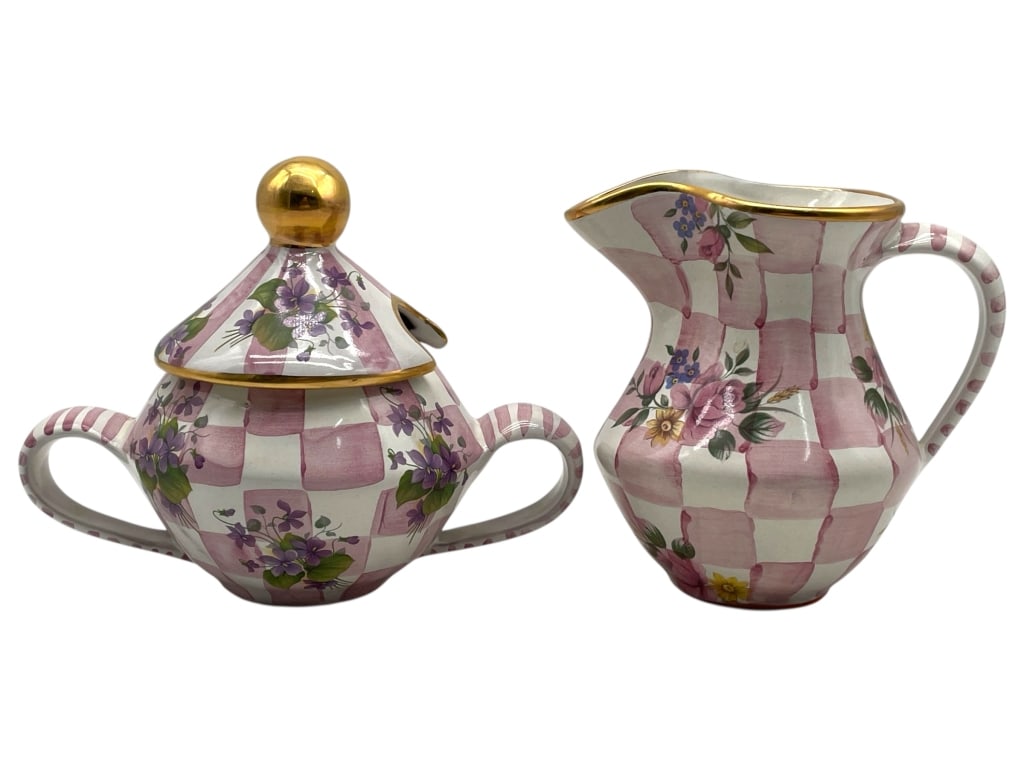 MACKENZIE-CHILDS ROSE PETAL SUGAR & CREAMER PAIR: MACKENZIE-CHILDS ROSE PETAL SUGAR & CREAMER PAIR -VERY GOOD PRE OWNED CONDITION -APPROX 5" TALL EACH -DELIGHTFUL MATCHING PAIR FEATURING A PINK AND WHITE CHECKERED PATTERN WITH FLORAL DECORATION, ACCE