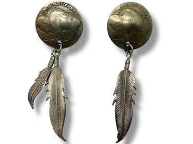 BUFFALO NICKEL & STERLING FEATHER EARRINGS - 14G
