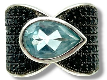 MODERNIST STERLING RING SPINEL BLUE TOPAZ 6 -8.1 G