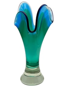 MURANO STYLE ART GLASS VASE IN BLUE & GREEN 15"