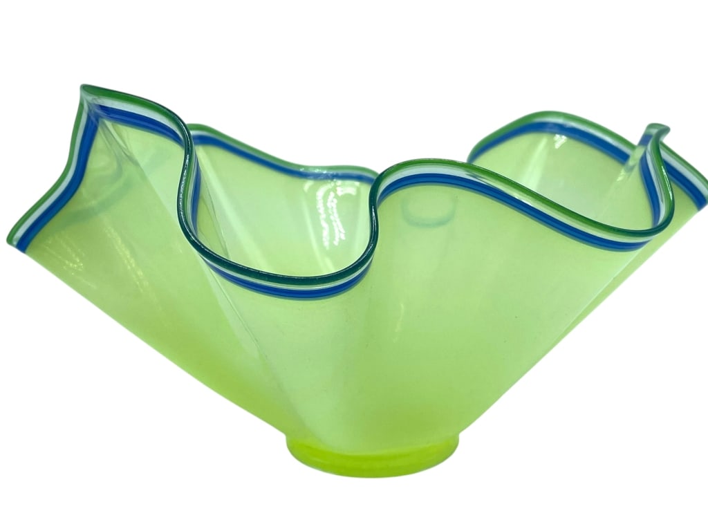 MURANO STYLE ART GLASS BOWL 12": MURANO STYLE ART GLASS BOWL | STRIKING HAND-BLOWN MURANO STYLE ART GLASS BOWL FEATURING A VIBRANT LEMON-LIME BODY WITH UNDULATING RUFFLED FORM AND ACCENTED WITH A RIM OF COBALT BLUE AND GREEN STRIPING
