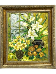 FLORAL STILL LIFE OIL PAINTING LILIES ORCHIDS 30"